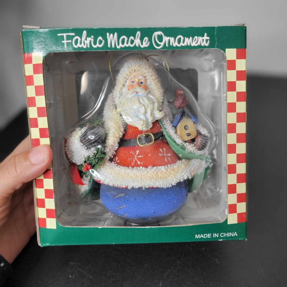 Festive Fabric Mache Santa Ornament - Red, Blue, White